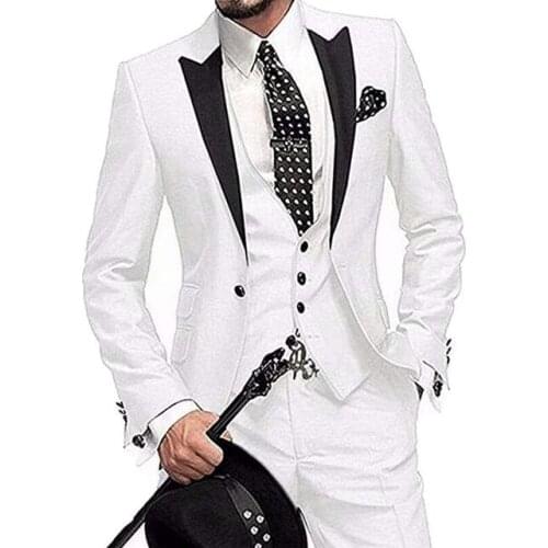 2020 New Arrival Groomsmen Peak Black Lapel Groom Tuxedos White Men Suits Wedding Best Man Blazer (Jacket+Pants+Vest)