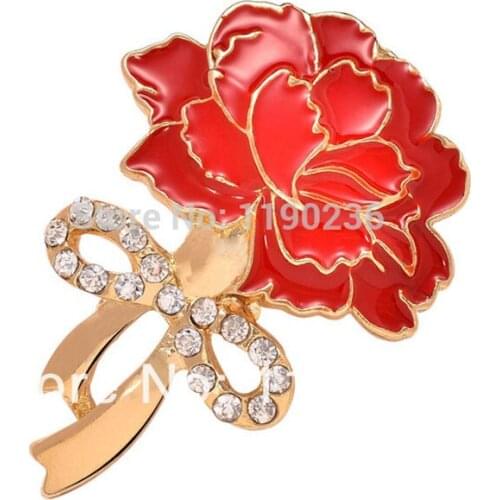 New Fashion Women Gold Pave Crystal Enameled Red Flower Brooches Brosche Brooch Bouquet Wedding Fashion Clothes Accessories Gift