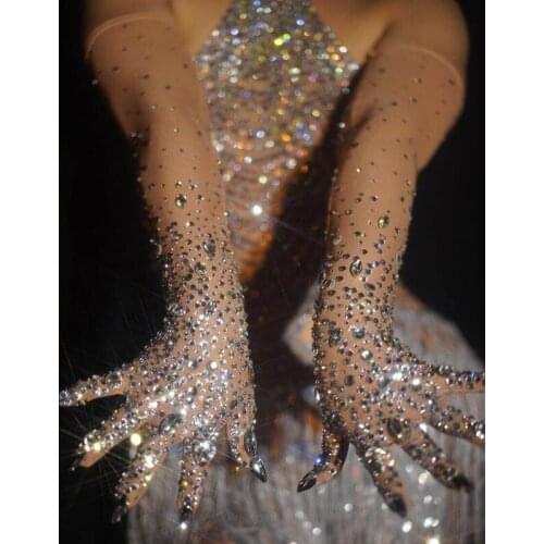 Fashion Skin Color Shiny Rhinestones Elastic Mesh Gloves Silver Crystals Stones Long Mittens Bar Ladies Singer Stage Accessories