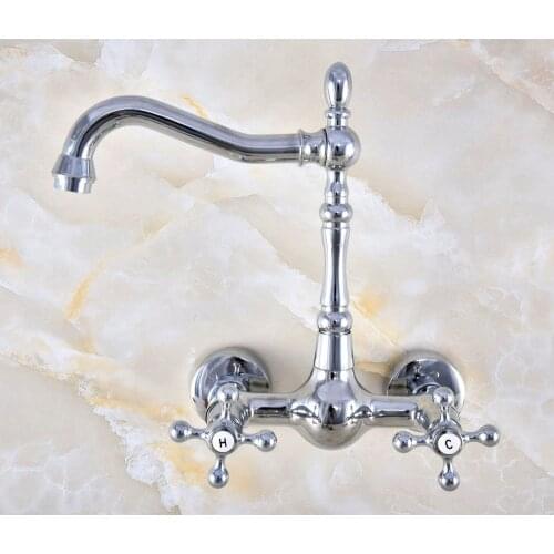 Polished Chrome Brass Wall Mount Bathroom Basin Kitchen Sink Faucet Swivel Spout Mixer Tap Dual Cross Handles Levers anf578