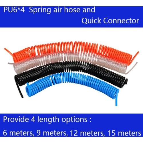 Free shipping PU6*4mm spring air compressor hose and quick detachable connectors, pneumatic hose 6-15M, Air compressor parts