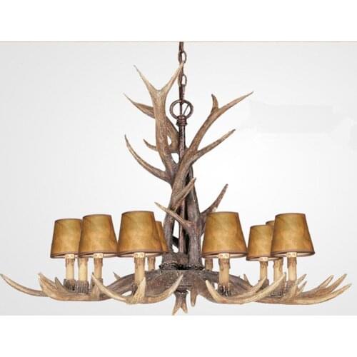 Europe Country 10 Heads Chandelier American Retro Lamp Fixture Resin Deer Horn Antler Lampshade Decoration, E14 110-240V