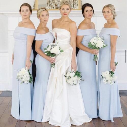 Light Blue Graceful Formal Wedding Bridesmaid Dress Boat Neck Off The Shoulder Side Slit Floor Length Evening Party Gown 2020