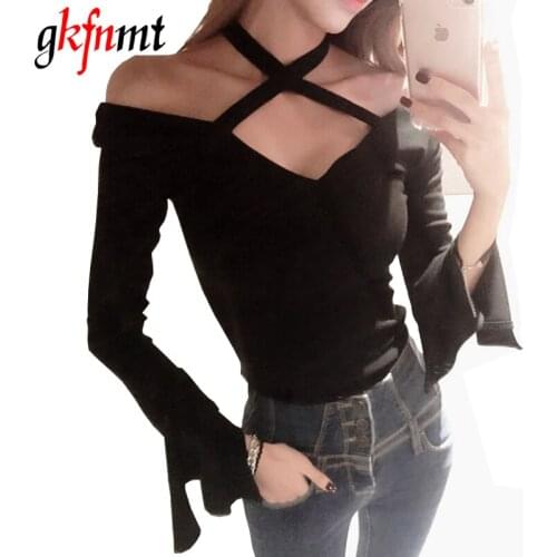 Gkfnmt 2018 Spring Sexy Halter V Neck Off Shoulder Long Sleeves Polyester T Shirt Black Pink Women Tops New Fashion Clothing