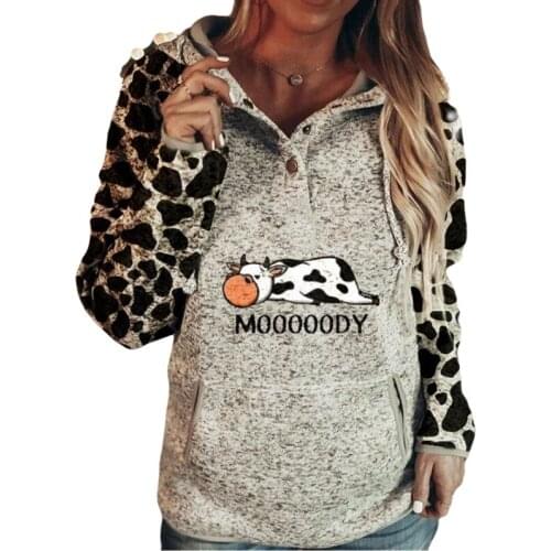 Womens Lovely Cow Casual Hoodies Winter Buttons Drawstring Loose Sweatshirts Pullover Patchwork Long Sleeve Hooded Outwear