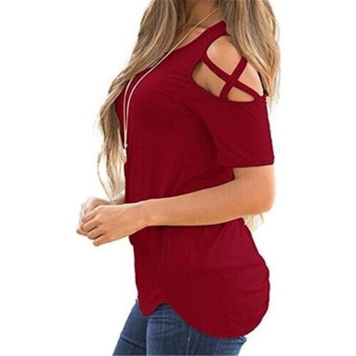 Womens Summer T Shirts Short Sleeve Strappy Cold Shoulder Tops Black,White,Grey,Red,Green,Purple Colors