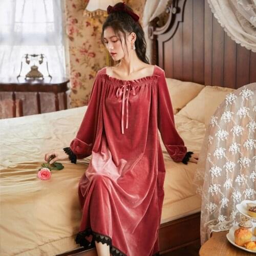 Women Winter Long Sleeve Nightgowns Plus Size Velvet Nightdress Loose Solid Night Gown Vintage Sleepwear Sexy Home Sleep Dress