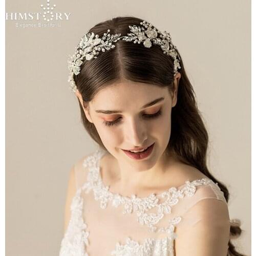 HIMSTORY European Handmade Flower Brides Hairbands Crystal Soft Headbands Bridal LEaf Hair Accessories Crystal Headpieces