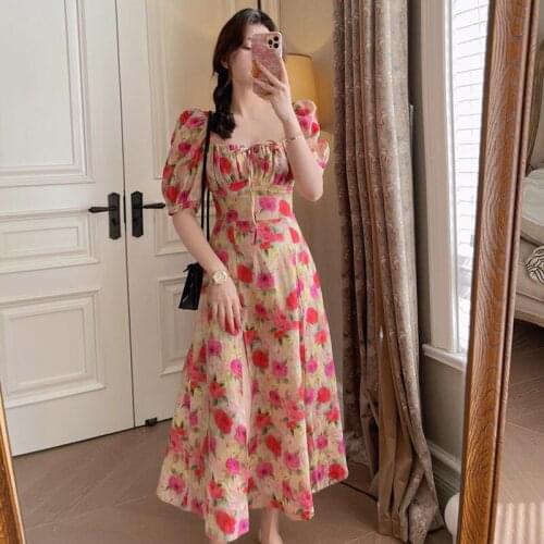 Women Dress Summer Short Sleeve Square Collar Vintage Floral Elegant Dress A-Line Midi Dress Beach Plus Size vestido de mujer