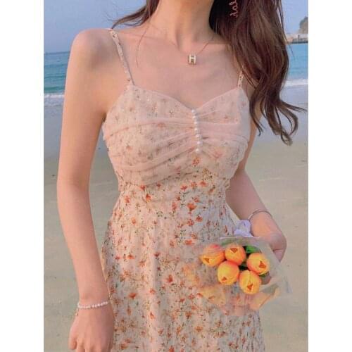 Elegant Retro Spaghetti Straps Chic Womens Dress 2021 Summer Floral Lace Mid-length Dresses Female Beach Party One-piece Dress