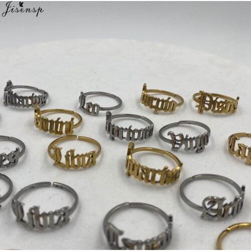 Jisensp Stainless Steel Jewelry Vintage Zodiac Signs Old English Letter Rings for Women Astrology Star 12 Constellation Ring