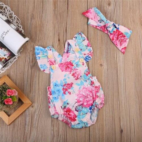 Newest Fashion Newborn Baby Girl Clothes Flower Print Sleeveless Bodysuit Jumpsuit Headband 2Pcs Outfits Cotton Clothes