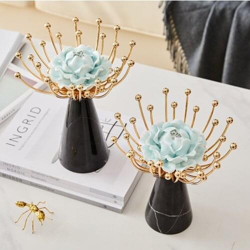 Beautiful Blooming Blue Camellia Figurines With Black Cone Marble Base Crafts Desktop Decoration Office Home House Layout Gifts