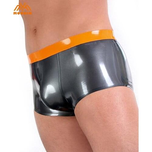 MONNIKLATEX|Sexy Men Silver and Trim Orange Color Latex Male Boxer Shorts Fashion panties Tight Underwear Briefs Handmade