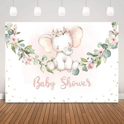 Pink Cute Elephant Baby Shower Party Background Floral Newborn Elephant Cake Smash Backdrop Jungle Green Leaves Golden Dots