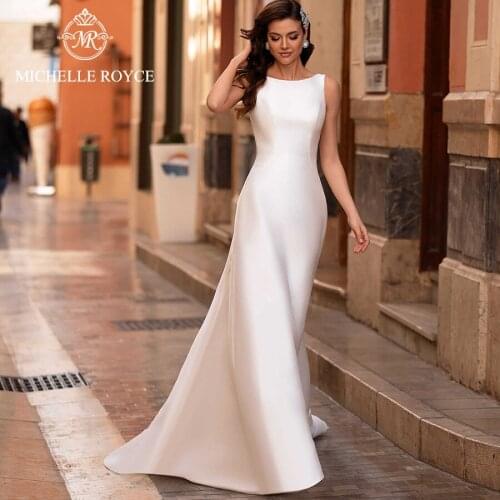 Michelle Royce A-Ling Wedding Dresses 2020 Scoop Sleeveless Backless Beading Button Chapel Train Bridal Gowns Vestido De Noiva