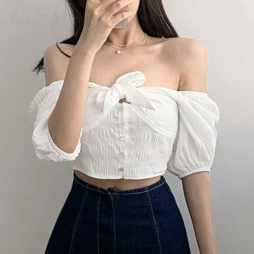 Fashion Women Puff Sleeve Square Collar Off Shoulder Knot Solid Color Crop Tops Sexy Slim Short T-shirt Chic Tees Cropped Blouse