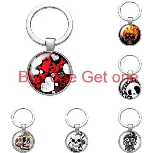 Punk Skull Rose Skull Fashion Glass Cabochon Keychain Bag Car Key Chain Ring Holder Silver Plated Keychains for Men Women Gifts