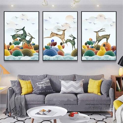 Cartoon Deer and Birds Landscape Poster Canvas Print Painting Wall Art Living Room Home Decoration