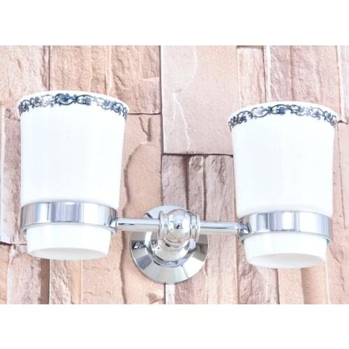 Wall Mounted Polished Chrome Brass Bathroom Toothbrush Holder Set Bathroom Accessory Dual Ceramic Cup mba796