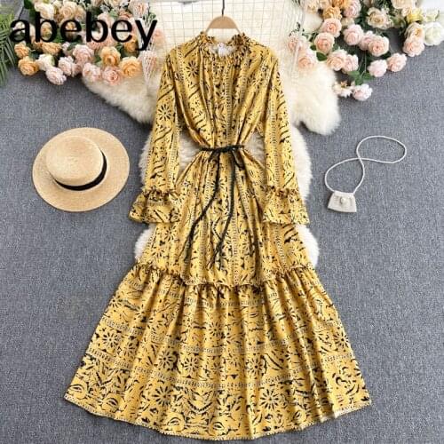 Women Korean Print Dress Fashion Flared Sleeve O Neck Sashes A-line Dresses Spring Retro Casual Streetwear Long Dress