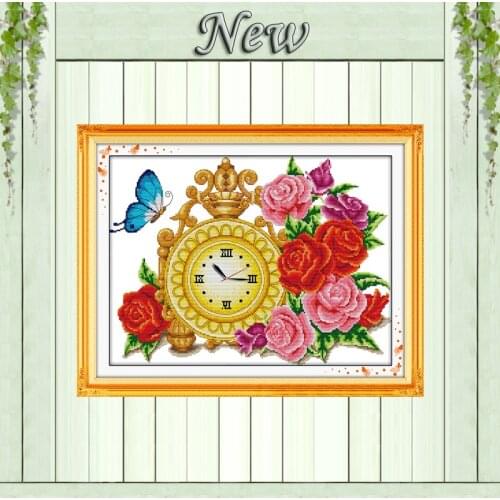 Rose vase butterfly clock diy painting counted print on canvas DMC 14CT 11CT Chinese Cross Stitch Needlework Set Embroidery kits