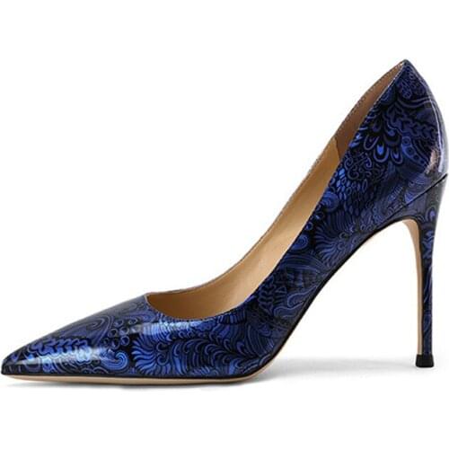 Fashion Printing Printed Patent Leather High Heels Shallow Mouth Super Shoes Women Simple Drss Shoes With Large Size 34-42