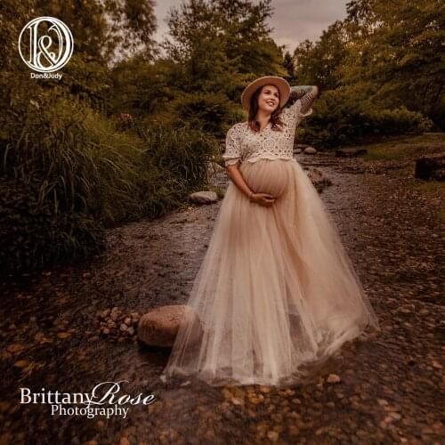 Don&Judy Boho Sexy See Through Tulle Maternity Dress For Pregnant Women Ruffle Sleeve Retro Beige Maxi Gown Photo Shoot Vestidos
