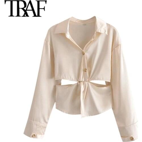 TRAF Women Fashion With Knotted Hollow Out Blouses Vintage Long Sleeve Back Tied Female Shirts Chic Tops