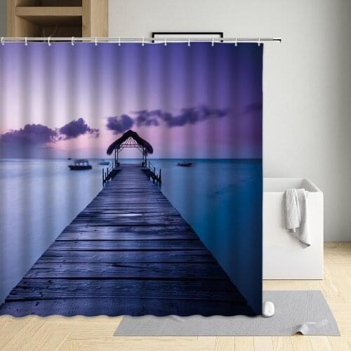 Ocean Scenery Shower Curtain Landscape Printing Pattern Waterproof Bathroom Decoration Sets Washable Cloth Polyester Strap Hooks