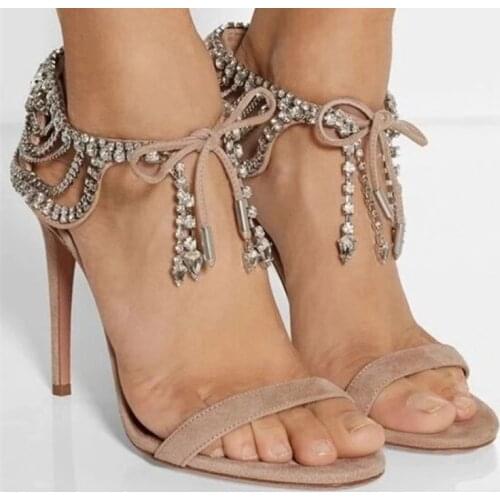 ASHIOFU Handmade Womens High Heel Sandals Sexy Party Crystals Lace-up Prom Shoes Large Size Evening Fashion Sandals Shoes