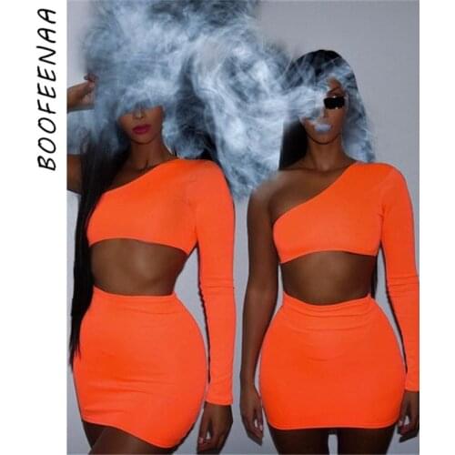 BOOFEENAA Women Neon Bodycon 2 Piece Set Summer 2019 High Street Night Out Club Outfits Matching Short Sets Crop Top Skirt AZ08