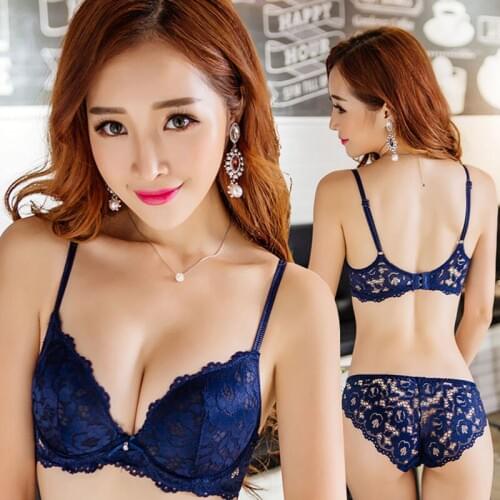 Women Fine Embroidery Underwear Solid Flower Three Quarters Ladys Bra And Panty Set Sexy Deep V Lace Brassiere Padded Bralette