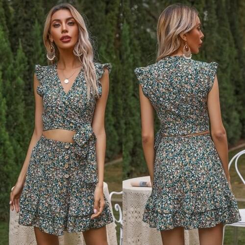 Robe Femme For Women 2021 Summer Vestido De Mujer Floral Wrap-Around Ruffled Vest Suit Two-Piece Beautiful