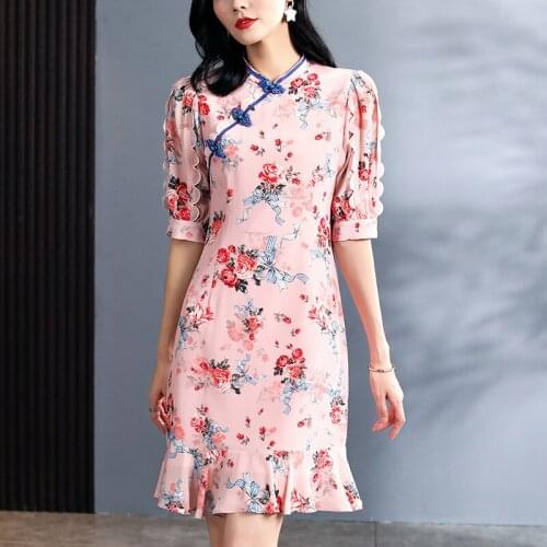 Chinese Style 100% Real Silk Women Summer Cheongsam Dresses Elegant Mandarin Collar Half Sleeve Slim Print Lady Mermaid Dress