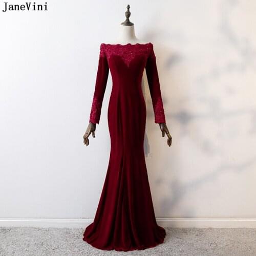 JaneVini Arabic Mermaid Burgundy Prom Dress Long Sleeve Beaded Velvet Bridesmaid Dresses Boat Neck Lace Appliques Formal Gown