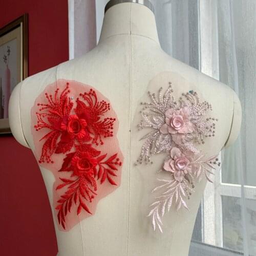 1PC Red Pink Lace Applique Embroidered Lace Trims Wedding Dress Patches Sew On Lace Accessories