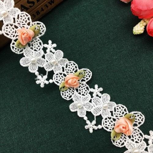 1 yard White Pearl Rose Flower Mesh Lace Trim Ribbon Fabric Embroidered Applique Sewing Craft Crochet Wedding Dress Clothes