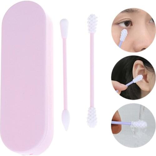2Pcs Reusable Cosmetic Cotton Swab Double Head Ended Clean Cotton Swabs Ear Clean Set Includes Storage Silicone Cotton Box