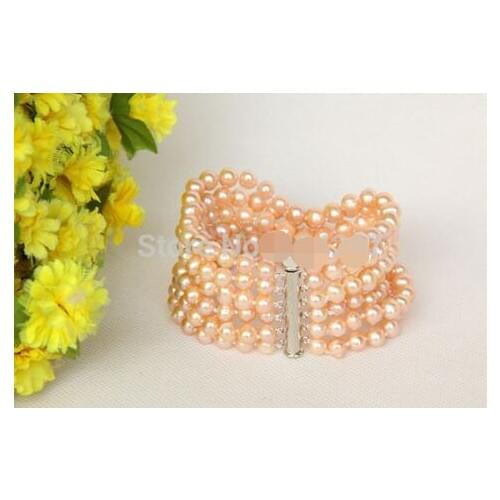 FW Genuine 6row 8 "6 - 7mm Pink Beads Bracelet Magnet Clasp>>> women jewerly Free shipping