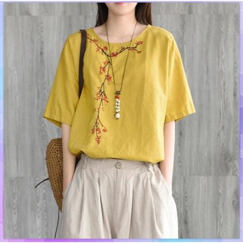 Oversized T-shirt Embroidered Floral Womens Cotton Linen Tee Shirt Short-sleeve Blusas Summer Retro Tshirt Large Size Top