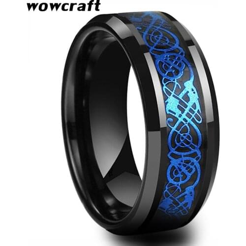 Mens Womens Tungsten Ring Blue Dragon Black Carbide Fiber Inlay Beveled Polished Finish Comfort Fit Wedding Engagement Bands