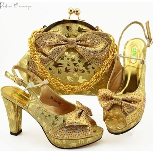 Latest Gold Color Italian Shoe and Bag Set for Party In Women Wedding Shoes Bride Cristal High Quality African Wedding Shoes