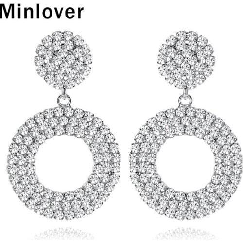 Minlover Crystal Circle Round Earrings for Bride Rhinestone Silver Color Drop Earrings Wedding Jewelry Women Accessories MEH1360