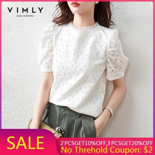 VIMLY Summer Lace Blouse Women Fashion Round Neck White Shirts Puff Sleeve Vinatge Blouses Lady Elegant Female Tops F7093