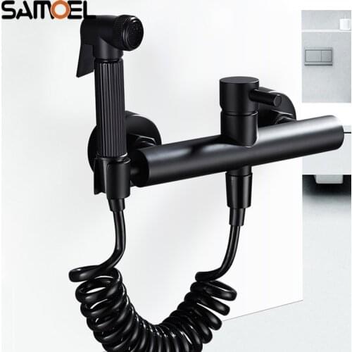 Brass Wall Mount Household Bathroom Toilet Water Tap with Bidet Two Hole Matte Black Muslim Shattaf SF1060