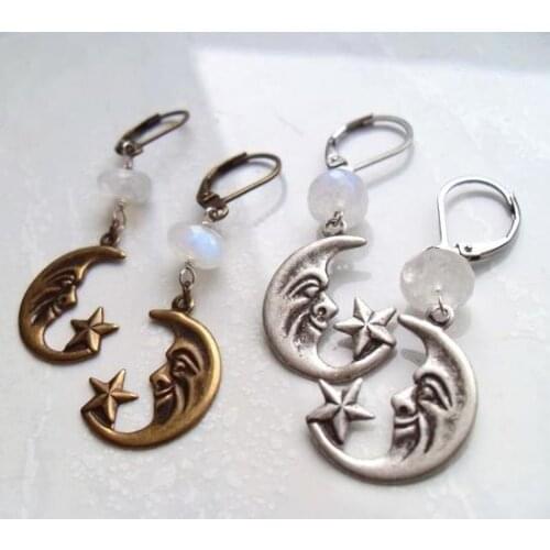 MOONSTONE CRESCENT MOON EARRINGS Wiccan/Pagan/Goth Magical Jewelry Gift