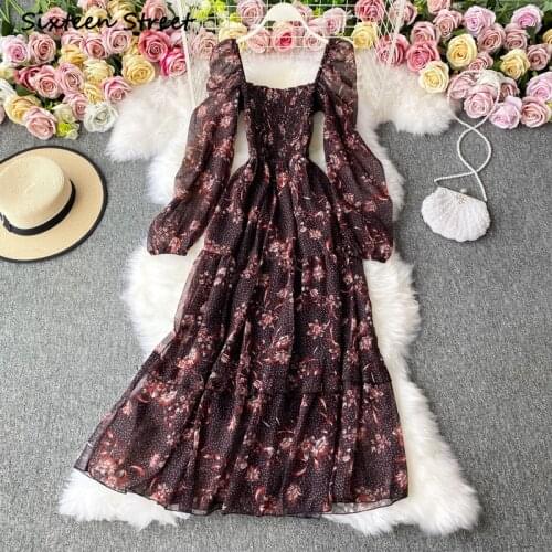 Maxi Dresses for Women Autumn Retro Flower Long Sleeved Puff Sleeves High Waist Sexy Dress Y2k Vestido De Mujer High Quality