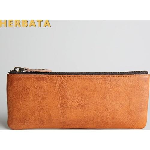 Corium zipper minimalist small pencil case Men women retro handmade creative stationery pouch handbag purse pen case leather