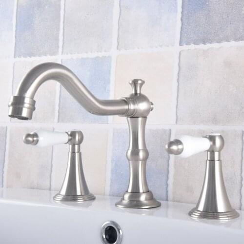 Brushed Nickel Brass Deck Mounted Bathroom Basin Faucet Widespread Vanity Sink Mixer Tap Three Holes/Two Handles anf686